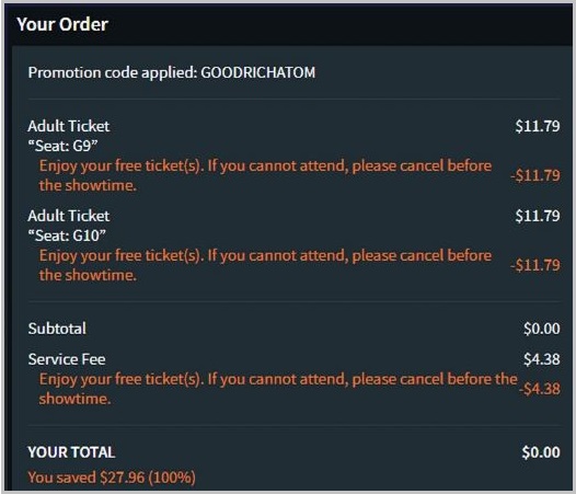 2 FREE Goodrich Movie Tickets Checkout Summary