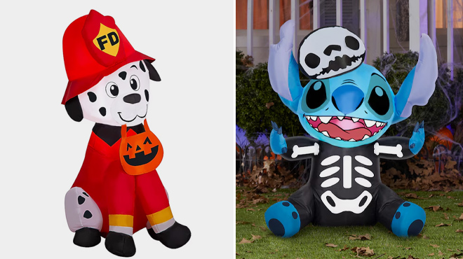 2 Haunted Living Firefighter Dog Inflatable and Disney 3 Foot Stitch in Skeleton Inflatable