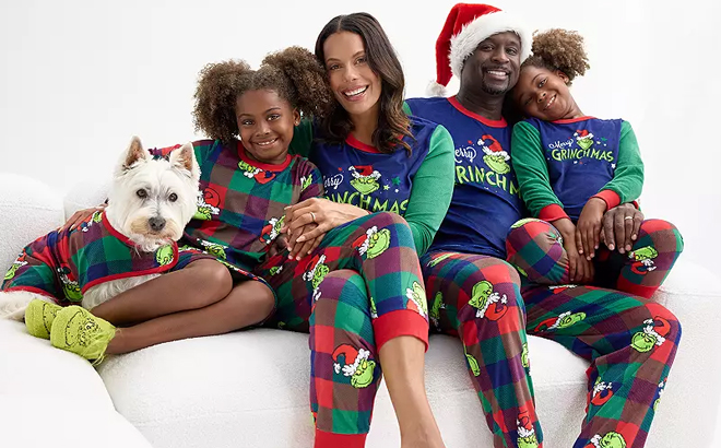 A Family Wearing the Jammies For Your Families Dr Seuss How The Grinch Stole Christmas Family Pajamas