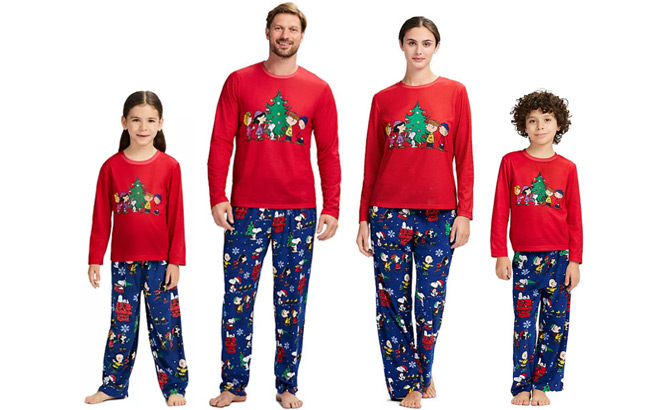 A Family in Peanuts Christmas Pajamas