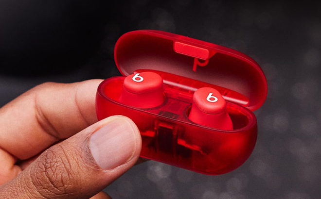 A Hand holding Beats Solo Buds True Wireless Bluetooth Earbuds