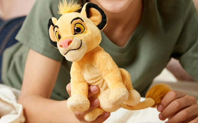 A Kid Holding a Disney Simba Plush