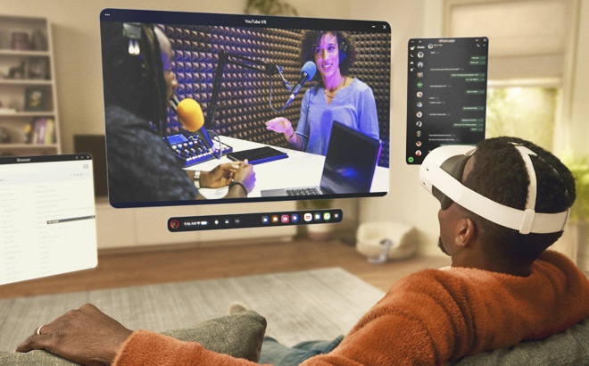 A Man Using Meta Quest 3S VR Headset to Pull Up Multiple Screens at Once While Keeping His Room in View