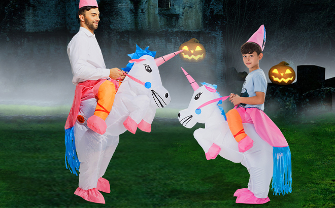 A Man and Boy Wearing Toloco Inflatable Unicorn Rider Halloween Costume