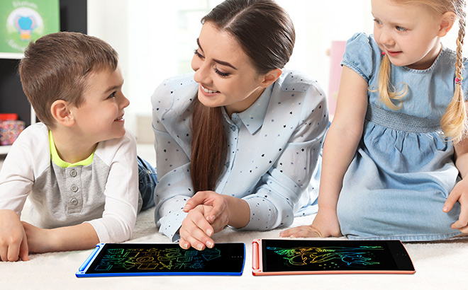 A Mother and Kids Using Kids LCD Writing Tablets