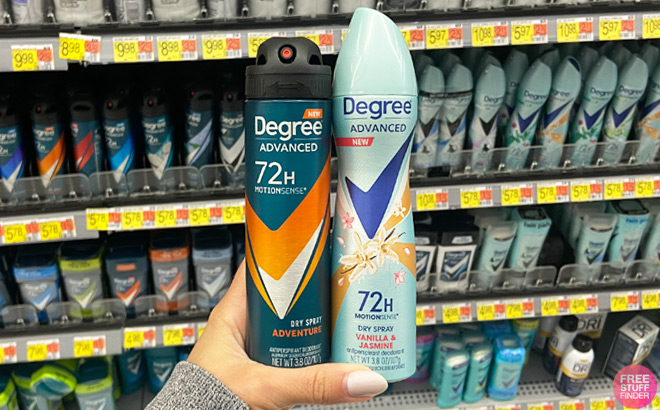 A Person Holding Two Degree Advanced Dry Spray Deodorants