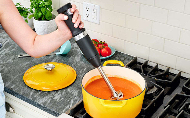 A Person Using a KitchenAid Cordless Variable Speed Hand Blender