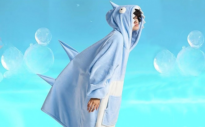 A Person Wearing a Wearable Shark Blanket