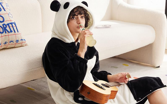 A Person wearing a Bedsure Panda Hoodie Blanket