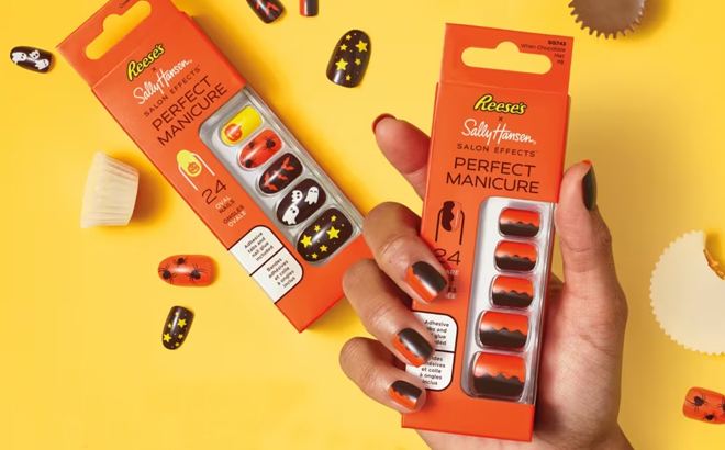 A Woman Holding Sally Hansen Salon Effects Perfect Manicure Reese's Press on Nails Kit