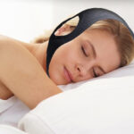 A Woman Wearing Anti Snoring Chin Strap