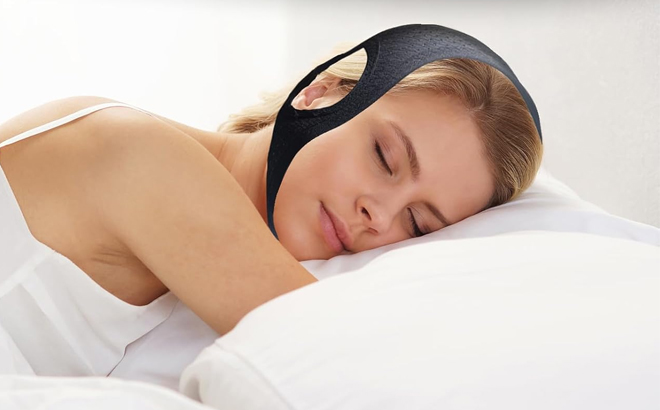 A Woman Wearing Anti Snoring Chin Strap