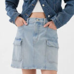 A Woman Wearing GAP Factory Denim Cargo Mini Skirt