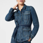 A Woman Wearing Spanx Tie Front Jean Shirt Jacket