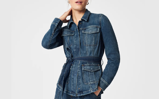 A Woman Wearing Spanx Tie Front Jean Shirt Jacket