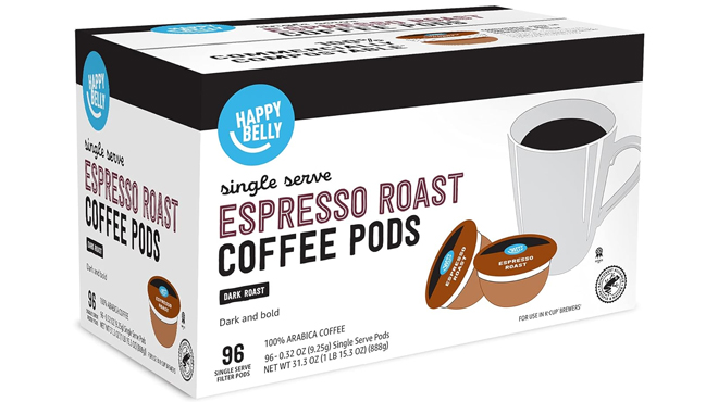 A box of Happy Belly Espresso Roast Coffee Pods 96 ct