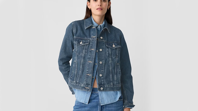 A lady wearing GAP Factory Icon Denim Jacket