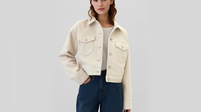 A lady wearing GAP Factory Recycled Relaxed Cropped Icon Jacket