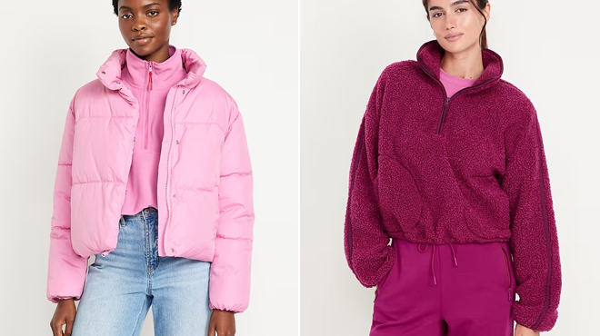 A lady wearing a Old Navy Quilted Puffer Jacket on the left and Old Navy Sherpa Quarter Zip on the right