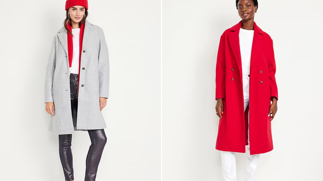 A lady wearing a Old Navy Relaxed Car Coat on the left and Old Navy Oversized Belted Coat on the right