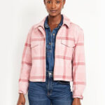 A lady wearing a Old Navy Relaxed Shirt Jackets in Pink Plaid color