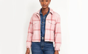 A lady wearing a Old Navy Relaxed Shirt Jackets in Pink Plaid color