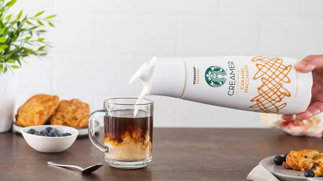 A person Pouring Starbucks Caramel Macchiato Creamer