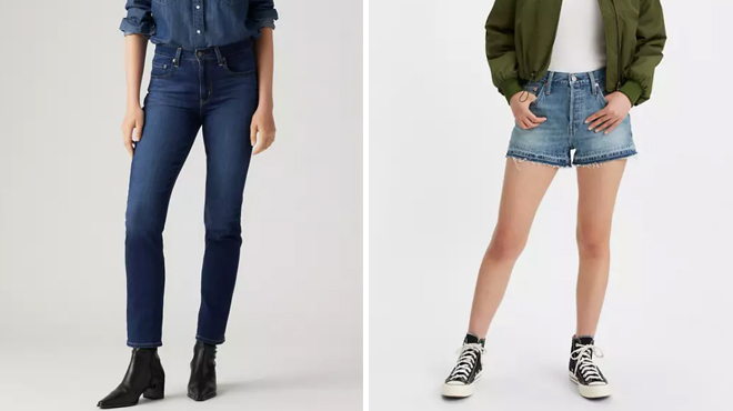 A person wearing a Levis 724 High Rise Slim Straight Womens Jeans on the left and a person wearing a Levis 501 Original Fit High Rise Womens Shorts on the right