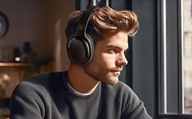 A person wearing a SE7 Wireless Bluetooth Headphones