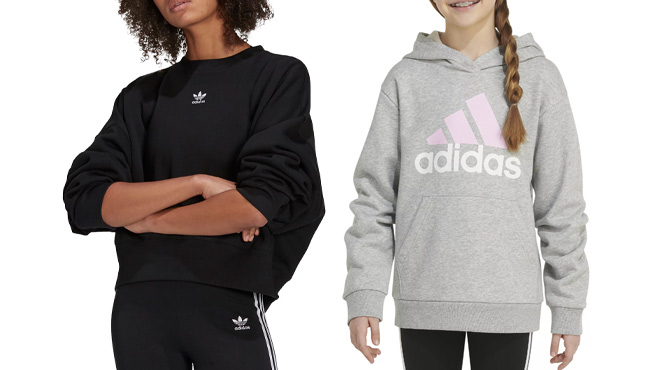 Adidas Originals Women's Adicolor Essentials Fleece Crew Sweatshirt and Kids Essential Logo Hoodie