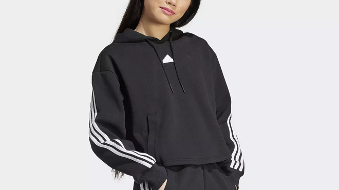 Adidas Womens Future Icons 3 Stripe Sleeve Drawstring Hoodie