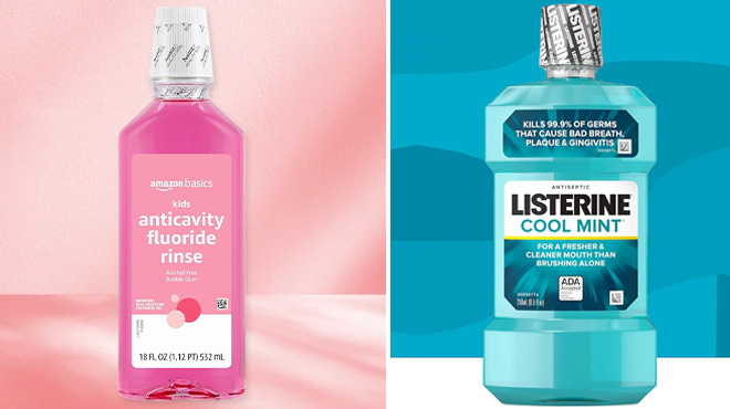 Amazon Basics Kids Anticavity Fluoride Rinse and Listerine Cool Mint Antiseptic Mouthwash