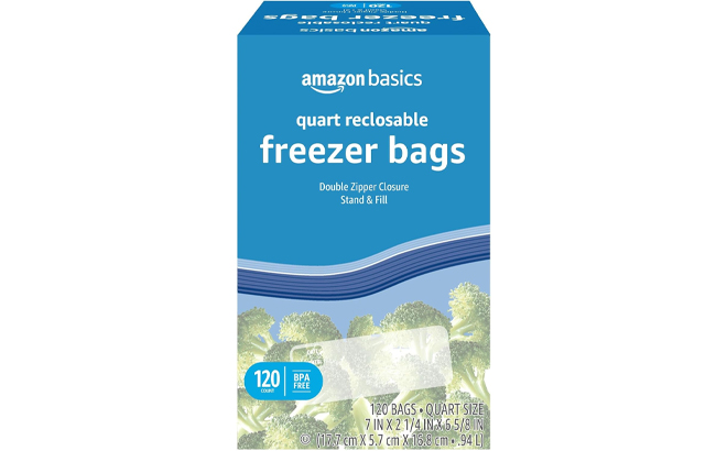 Amazon Basics Reclosable Freezer Quart Bags Stand Fill Base 120 Count