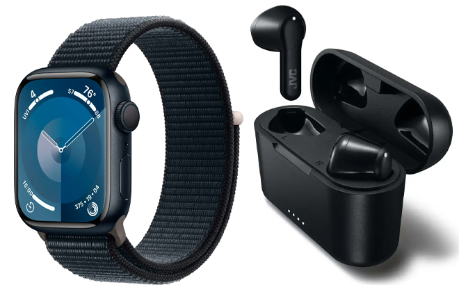 Apple Watch Series 9 GPS 41mm Aluminum Case with Midnight Sport Loop and JVC True Wireless Headphones Earbud Style