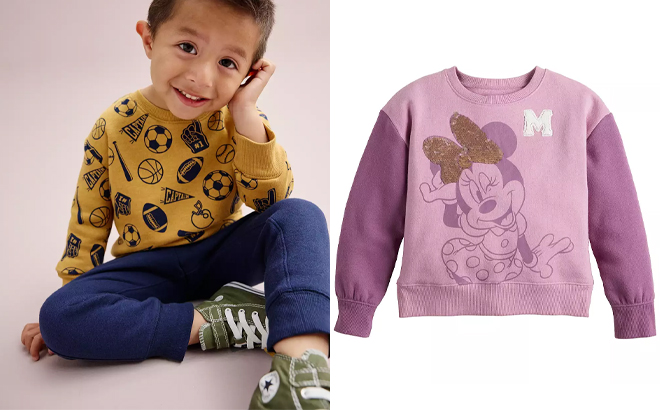 Baby Toddler Boys Jumping Beans Fleece Crewneck Pullover and Minnie Mouse Girls Collegiate Crewneck Sweatshirt