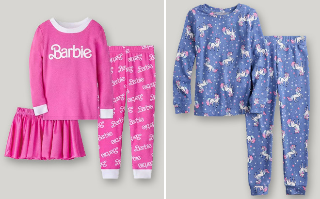 Barbie Toddler Girl 3 Piece Pajama Set and Cuddl Duds Toddler Girl Unicorn Print Pajama Set