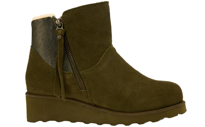 Bearpaw Stacey Suede Wedge Boot with Rain Repellent in the Color Dark Olive