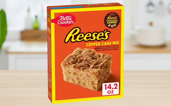 Betty Crocker Reeses Coffee Cake Mix Box on a Table