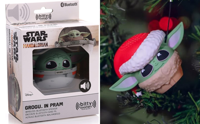 Bitty Boomers Star Wars The Mandalorian Grogu in Pram and Grogu with Santa Hat Mini Bluetooth Speakers