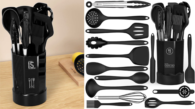 Black Silicone Cooking 14 Piece Utensils Set