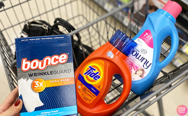 Bounce WrinkleGuard Dryer Sheets Tide Liquid Laundry Detergent and Downy Fabric Conditioner in Walgreens Cart