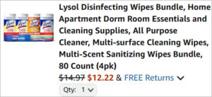 Checkout page of Lysol 80 Count Disinfecting Wipes 4 Pack