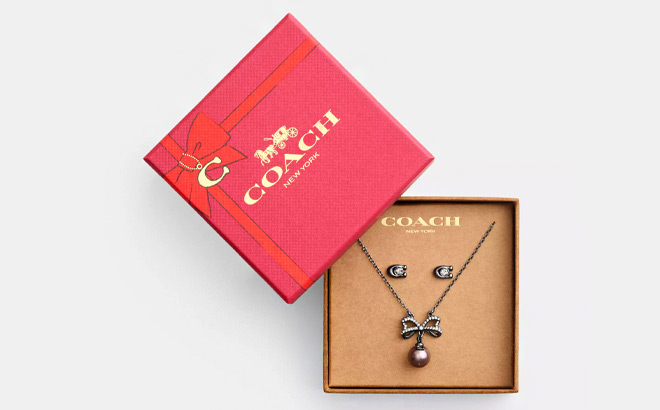 Coach Outlet Bow Pearl Necklace And Earrings Set in Hematite Color