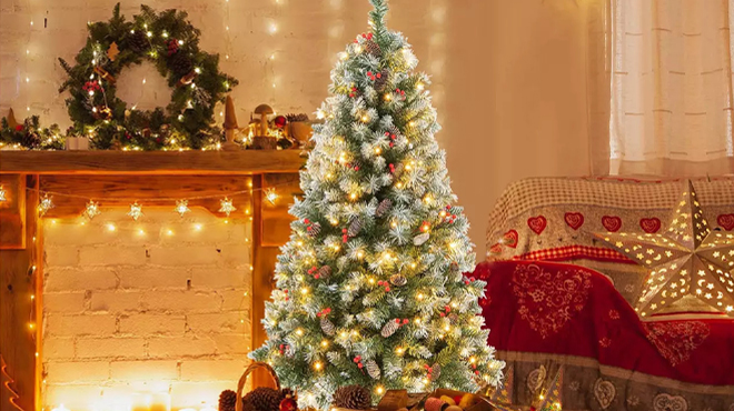 Costway 5 Ft Artificial Christmas Tree with LED Lights Red Berries