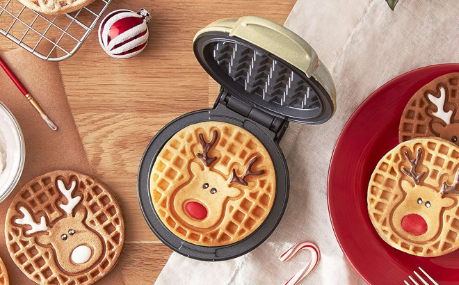 Dash Reindeer Mini Waffle Maker on a Table