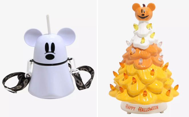 Disney Mickey Mouse Ghost Water Bottle and alloween Light Up Ceramic Tree