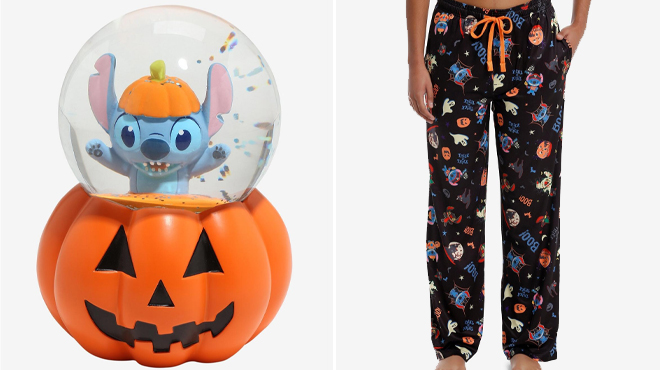 Disney Stitch Pumpkin Snow Globe and Disney Stitch Halloween Pajama Pants 