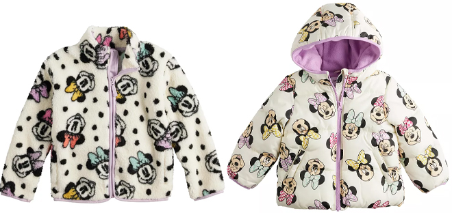 Disneys Minnie Mouse Girls 4 12 Disney High Pile Fleece Jacket by Jumping Beans and Disneys Minnie Mouse Baby Toddler Girl Midweight Bubble Jacket