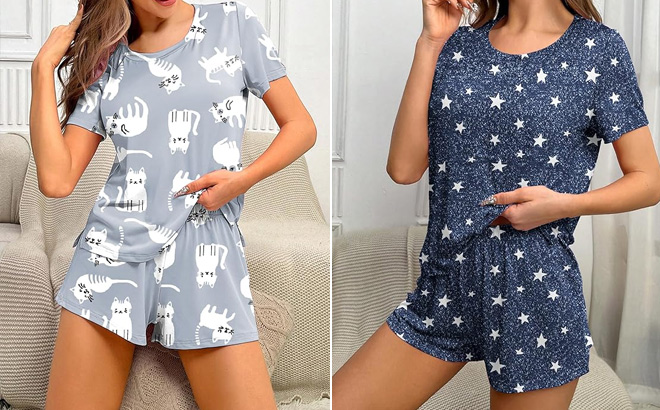 Ekouaer 2 Pack Pajamas Short Sleeve Top with Shorts Sets Comfy Pjs Lounge Sets Sleepwear for Women