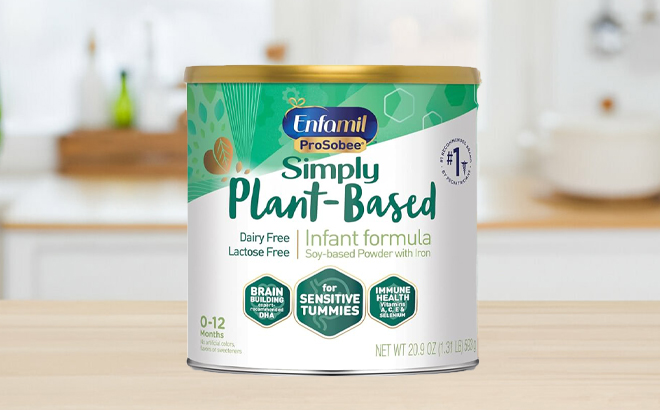 Enfamil Plant Based Baby Formula Pack on a Table